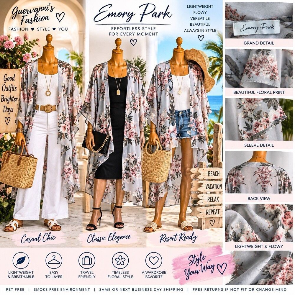 Emory Park Women's Floral Kimono Cover-Up, One Size, Sheer Cardigan Gray Pink